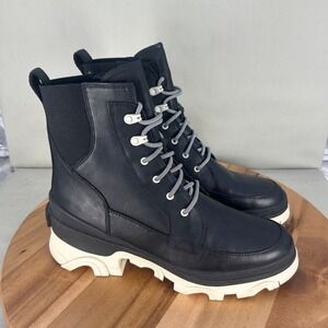 Sorel Brex Boot Lace Black Chalk Leather Platform Ankle Boot NL4305-010 Women 10